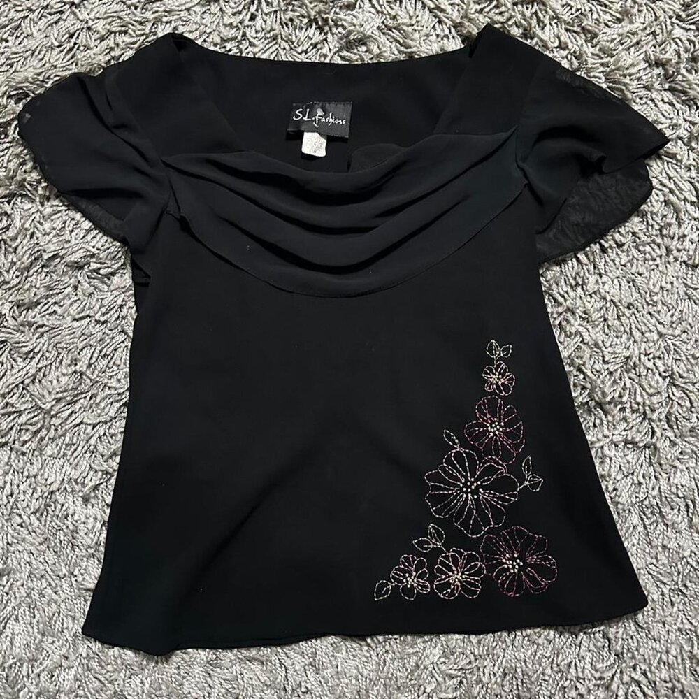 S.L. Fashions Embroidered Fairy Glam Black Blouse Size S